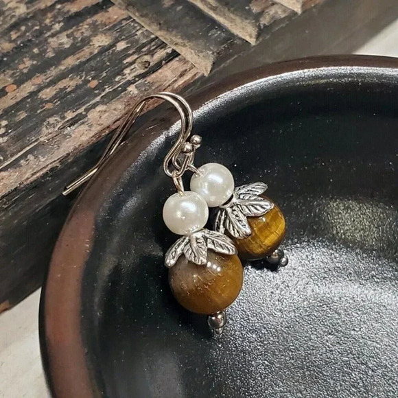 Handcrafted Tiger Eye Gemstone White Faux Pearl Silver Dangle Earrings - Picture 8 of 9
